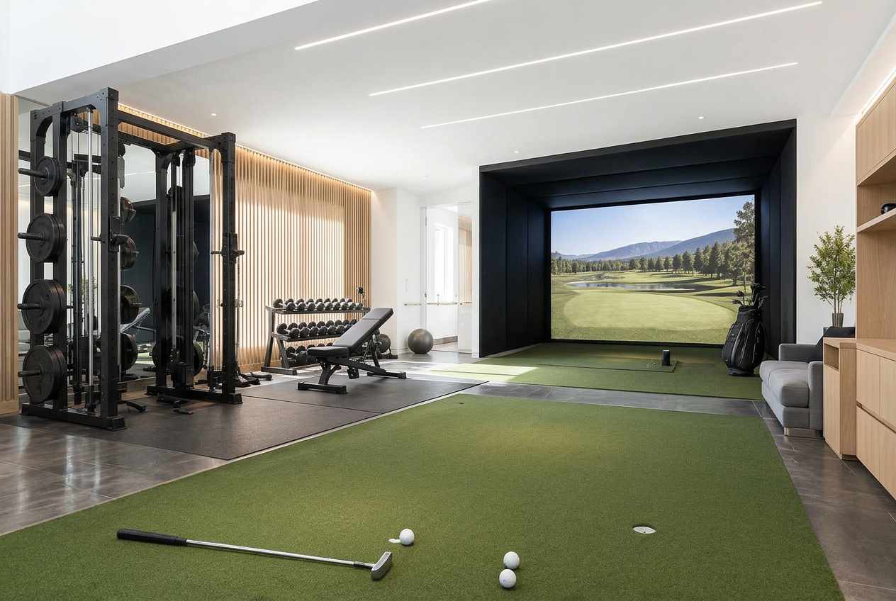 Concepto de gimnasio de golf con zona de fuerza, putting green y simulador